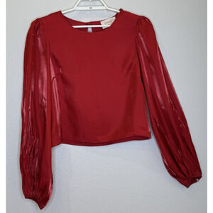 Basically Me Los Angeles Women's Top Size Medium Shiny Red Long Puff Sleeve
